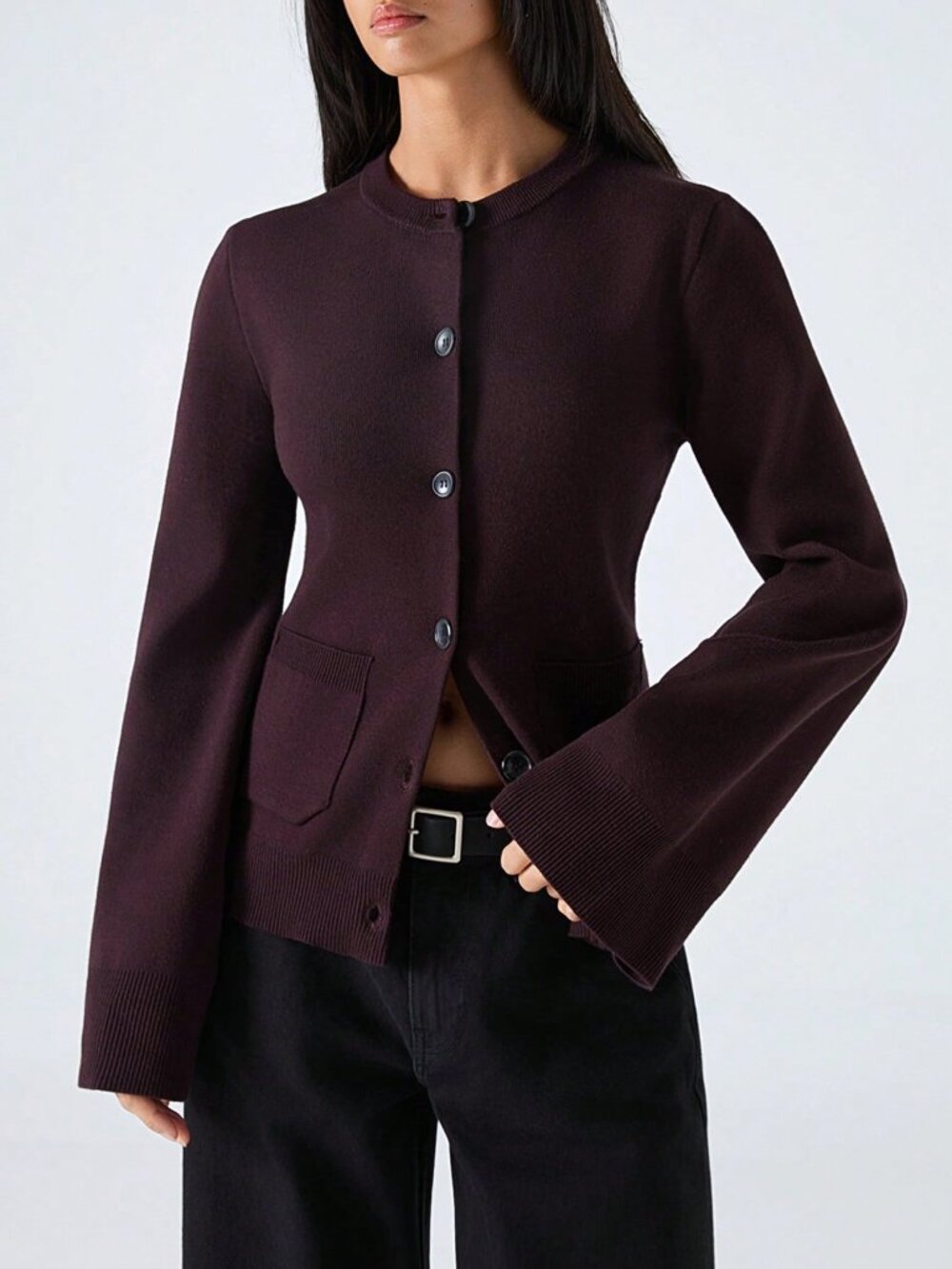Mocha Brown Casual Women's Slim Patchwork Button-Up Cardigan Sweater - Picture 5 of 7